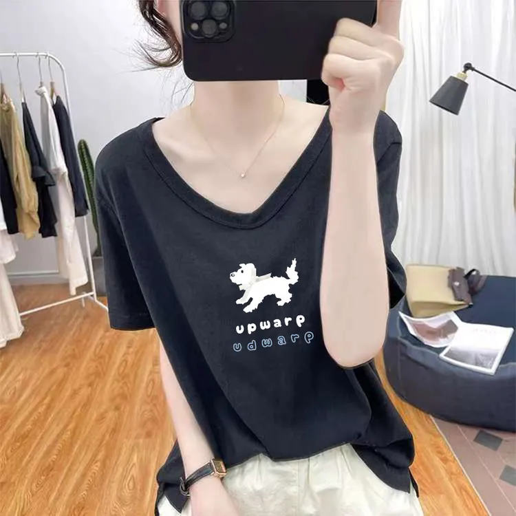 2025不撞款竹节棉V领短袖t恤女装直筒型气质洋气百搭打底衫上衣潮
