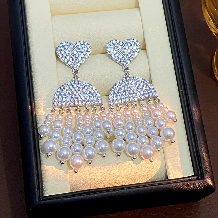 纯铜仿珍珠耳饰 时尚微镶心跳仿珍珠流苏轻奢气质耳环锆石耳饰