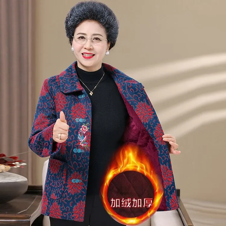 2025秋冬大码中老年女装外套新中式时尚加绒加厚保暖小翻领纽扣