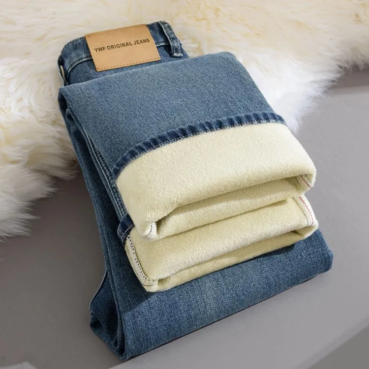 加绒牛仔裤女冬季2025年新款复古显瘦窄版阔腿直筒裤子秋冬烟管裤