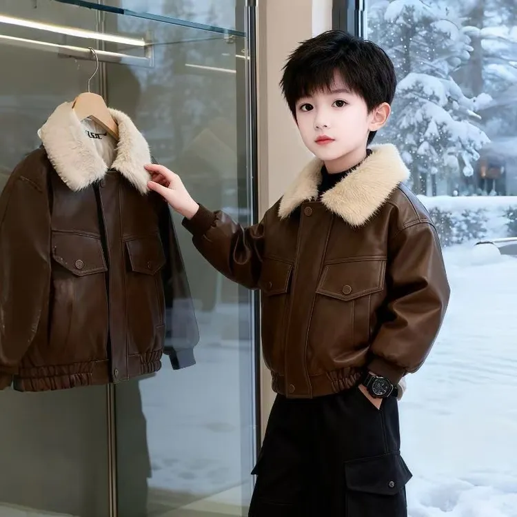 男童秋冬外套加绒加厚2025新款皮衣冬季儿童机车夹克宝宝冬装衣服