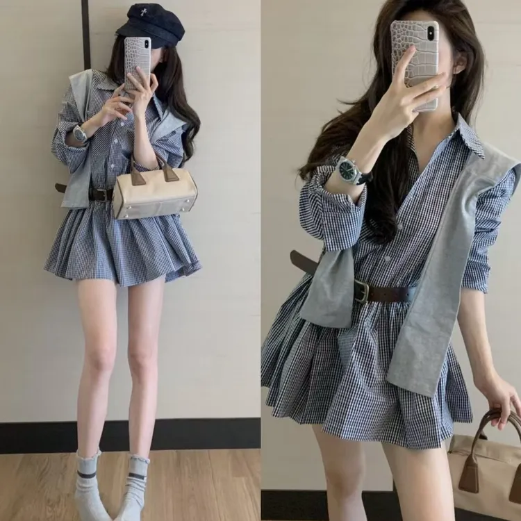 法式复古格纹修身短款衬衫连衣裙+连帽披肩两件套装送腰带A1515
