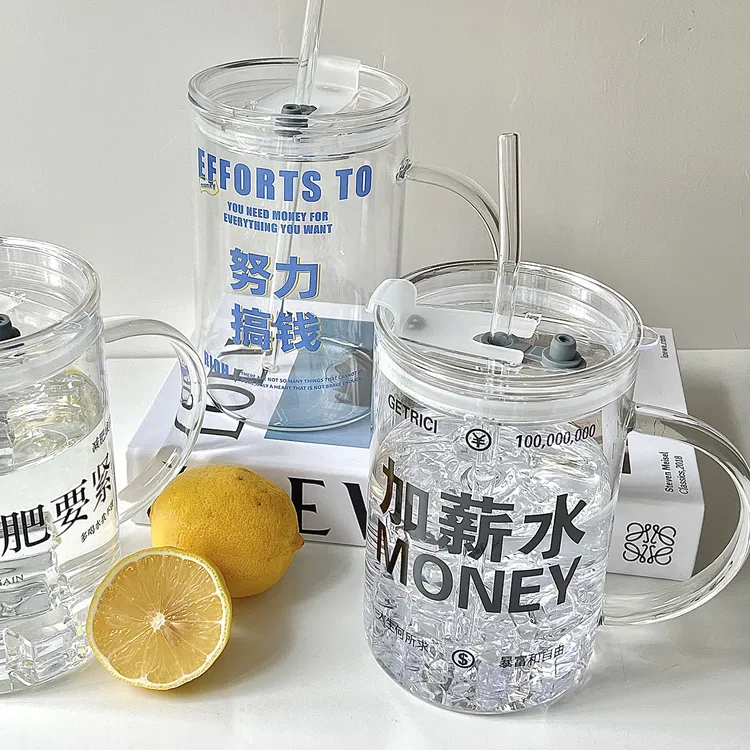 300ML-400ML大容量喝水杯玻璃杯带盖茶杯办公室带把吸管咖啡杯家