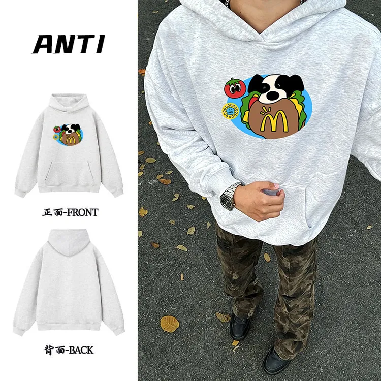 秋冬连帽麦门小狗印花美式卫衣套头宽松潮流男上衣情侣ns外套百搭