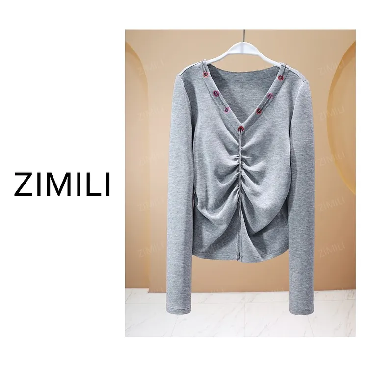 【亮哥女装】2025秋冬新品《巴洛克系列》花灰色做褶V领上衣26037-A6