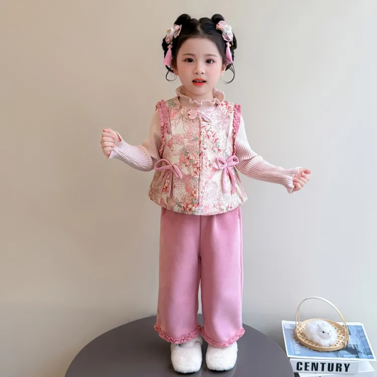 女童加绒套装秋冬季2025席宽女宝宝国风汉服儿童新中式马甲三件套