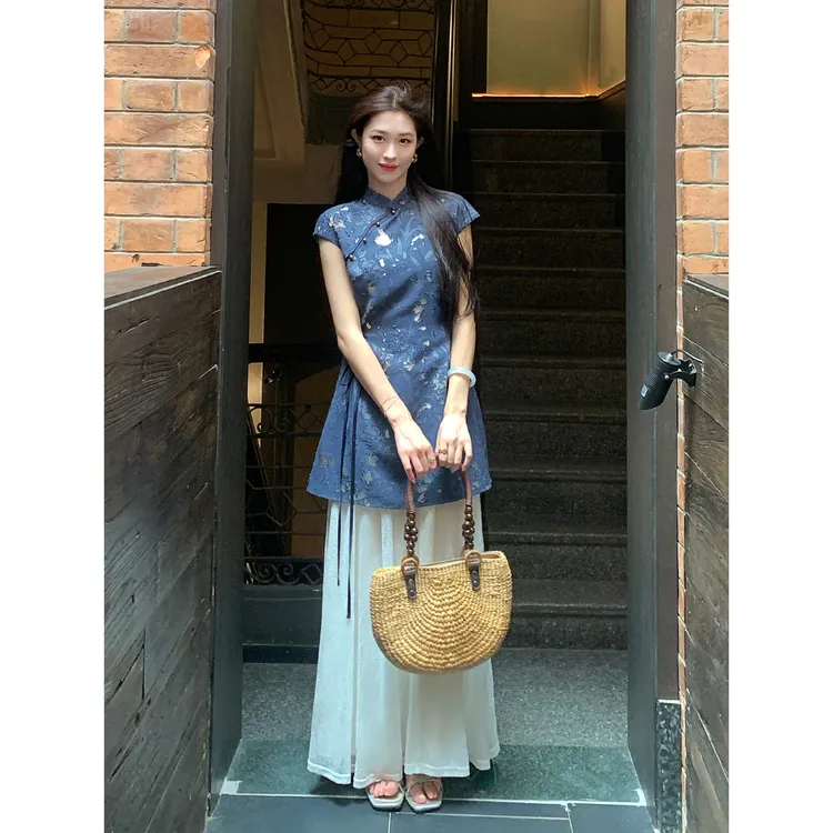 凌茜恣禾【星落晚】国风新中式蓝色牛仔烧花上衣杏黄蕾丝半裙旗袍裙