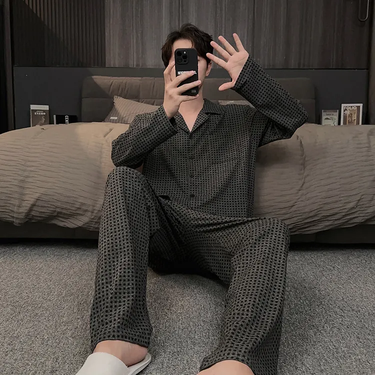 格子男士长袖睡衣秋冬季锁温棉大码高级感家居服春秋款中老年套装