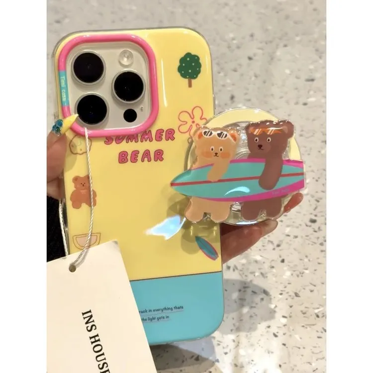 夏日涂鸦蓝底可爱小熊冲浪板适用iphone16promax苹果15pr手机壳14