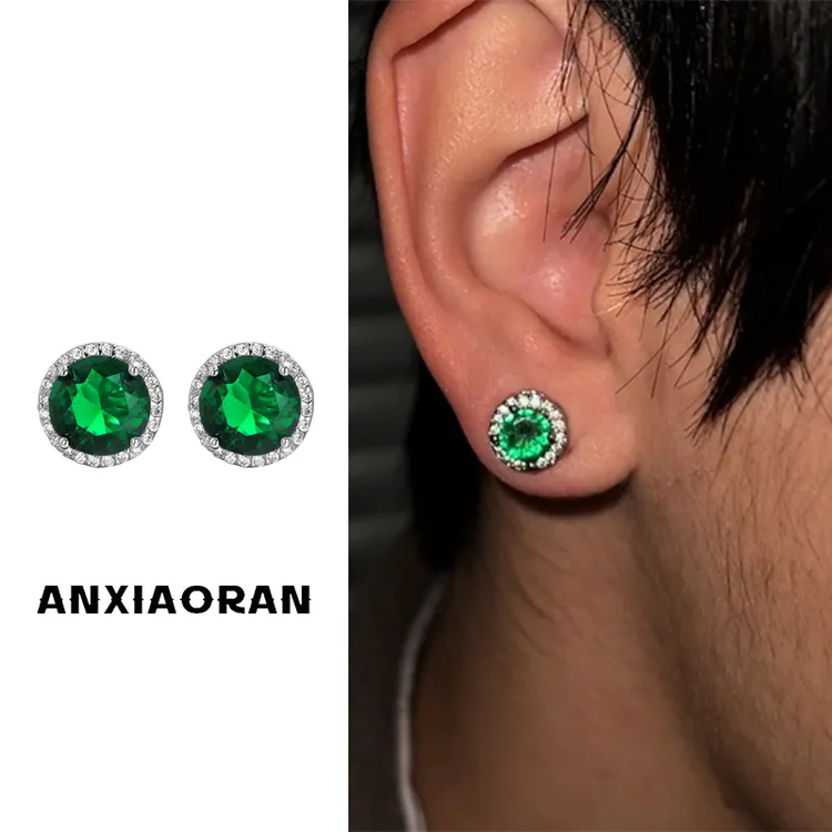 合金锆石耳饰 绿色耳钉男嘻哈潮流个性耳环女高级感镶嵌配饰时尚