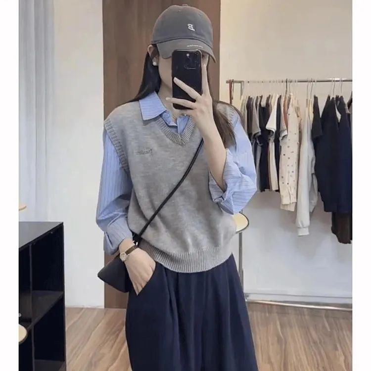 假两件撞色衬衫2025秋季新款女装休闲百搭学院风叠穿长袖衬衫上衣