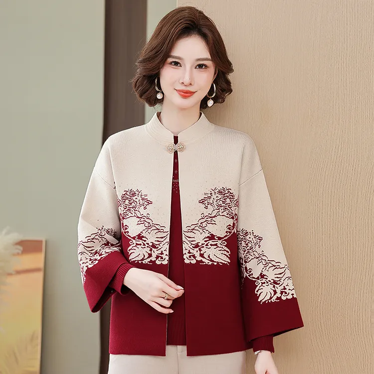 中老年春秋款外套女装妈妈秋装针织两件套开衫本命年奶奶上衣套装