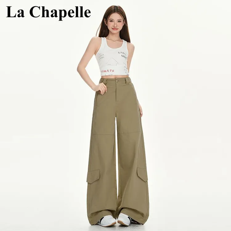 拉夏贝尔绝美卡其色美式街头宽松阔腿裤女夏慵懒风工装裤运动裤子