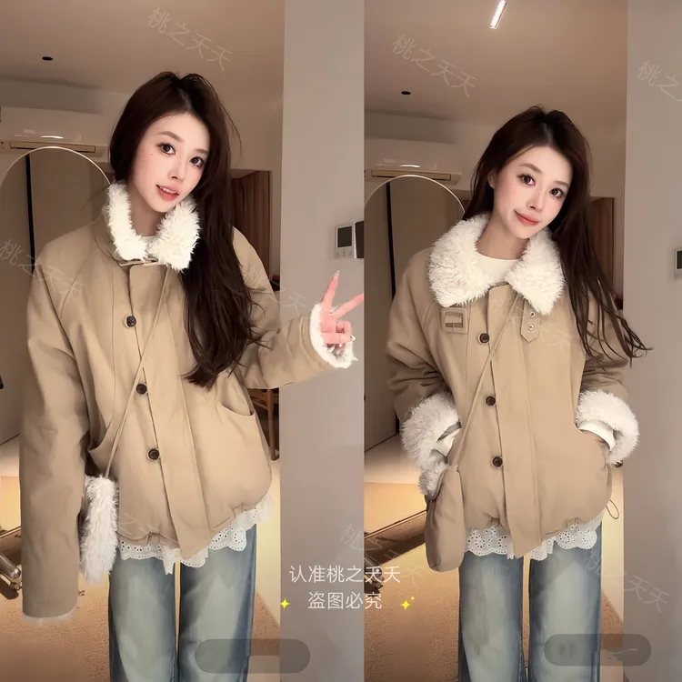 韩版加绒加厚卡其色冬季新款翻领长袖保暖常规款小个子宽松棉服