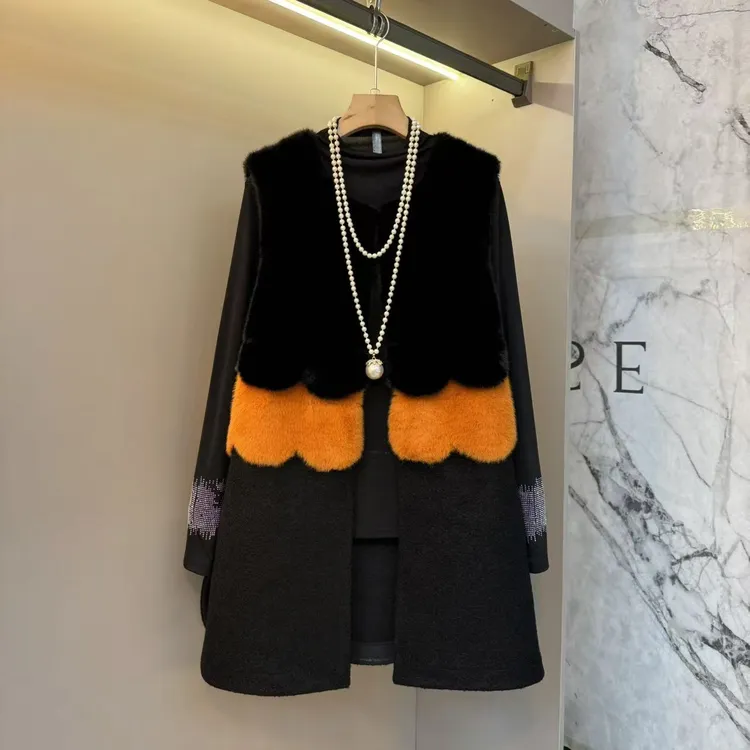 2025秋冬欧货洋气时尚微胖拼接毛毛显瘦气质内搭+马甲套装8801