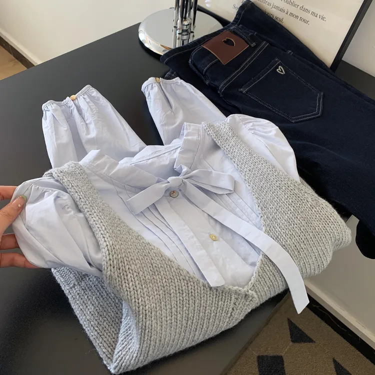 春季氛围感蝴蝶结衬衫叠穿针织背心女韩系小个子穿搭上衣两件套