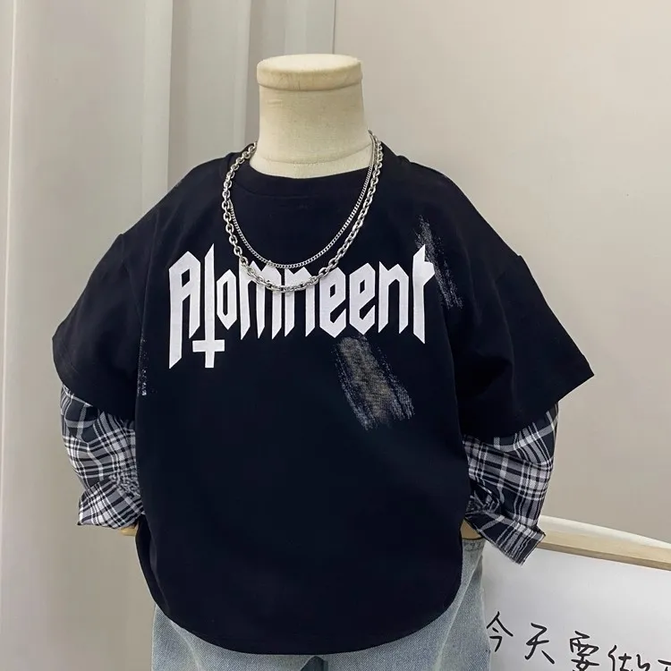 男童长袖t恤春秋2025新款儿童休闲韩版潮酷黑色帅气时髦男孩痞帅