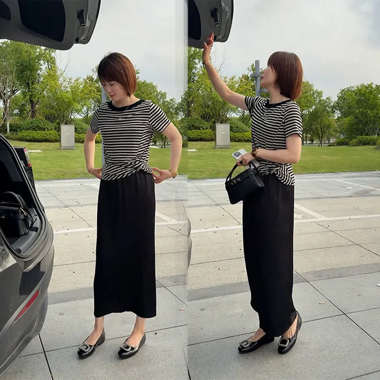 夏装时尚一整套百搭韩系宽松显瘦圆领条纹上衣高腰半身裙两件套