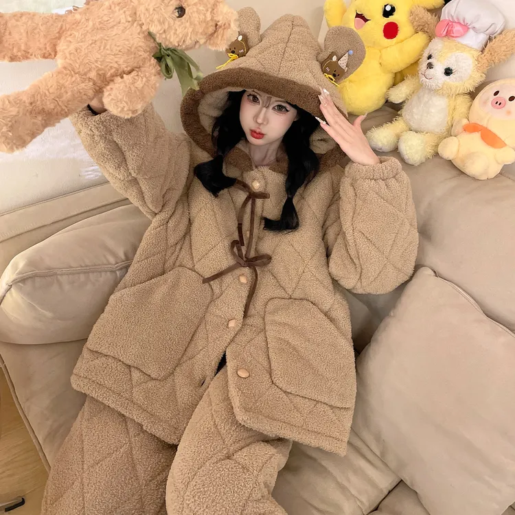 冬睡衣女款爆款2025新款珊瑚绒加厚简约半边绒三层夹棉家居服套装