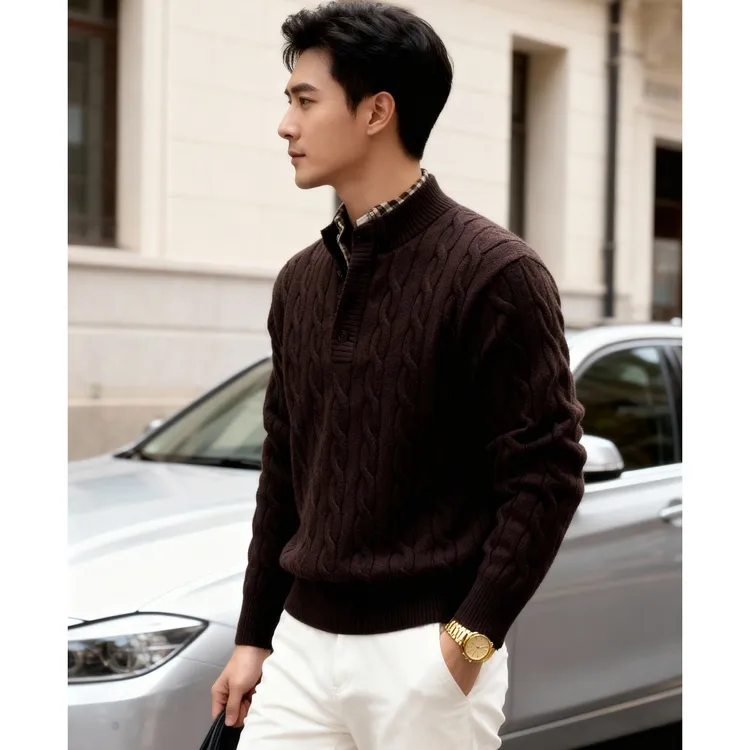 亨利领假两件麻花加厚套头毛衣男士秋冬季休闲宽松打底针织衫上衣