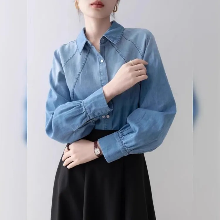 蓝色牛仔衬衫女2025春秋新款港高级感叠穿衬衫风覆古别致上衣外套