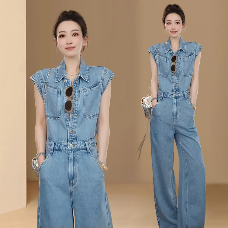 韩版潮流时尚牛仔连体裤女2025年夏季新款小众设计感休闲直筒裤潮