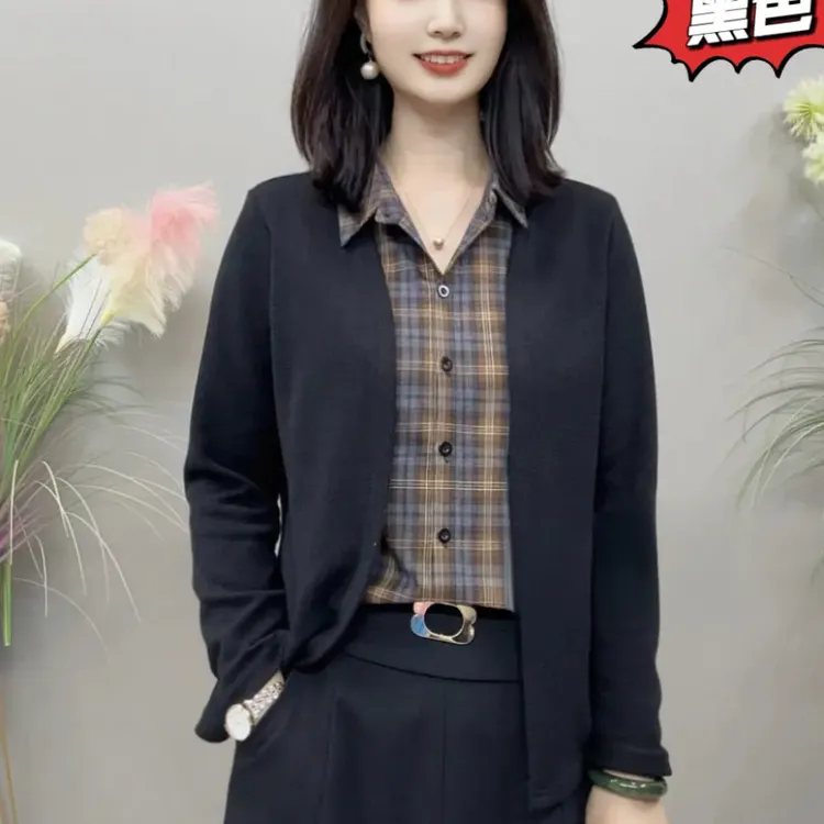 【KK】YLY8996秋季上新假两件纯色外搭经典格子内衬气质百搭衬衫