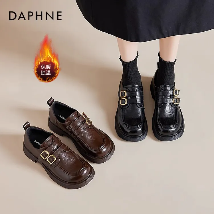 达芙妮棕色乐福鞋女2025新款秋季双扣加绒英伦小皮鞋厚底通勤单鞋