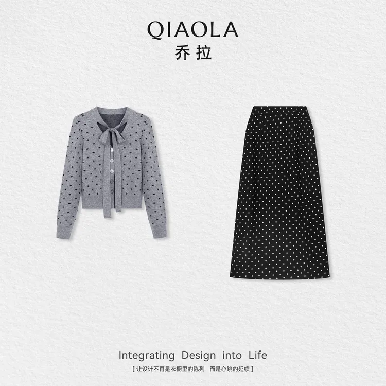 QIAOLA/乔拉【薄雾丽影】秋季澳羊毛波点设计上衣梭织高腰半裙预售