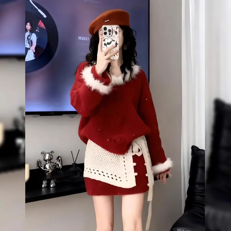巨好看圣诞红色新年时尚套装2026春季新款秋冬穿搭一整套韩系女装