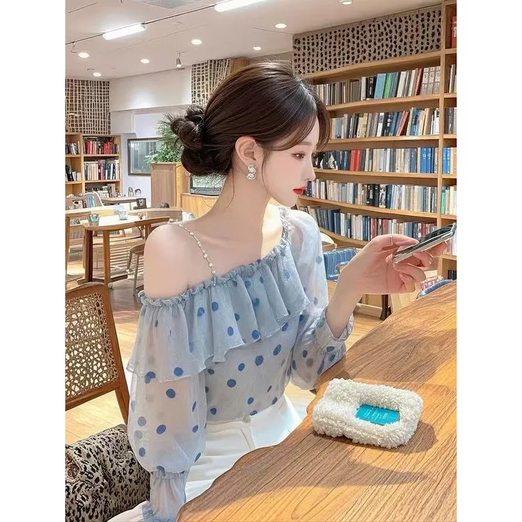 【5797人收藏】蓝色波点荷叶边衬衫2025新款春装感轻奢减龄洋气气质