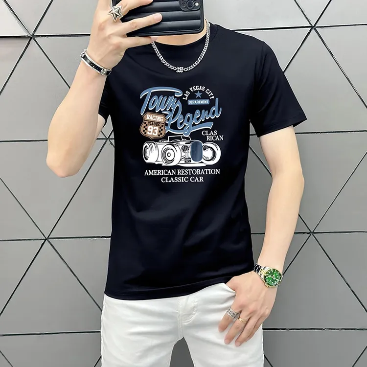 夏季圆领休闲短袖T恤潮流印花男士韩版丝光棉透气百搭半袖个性男