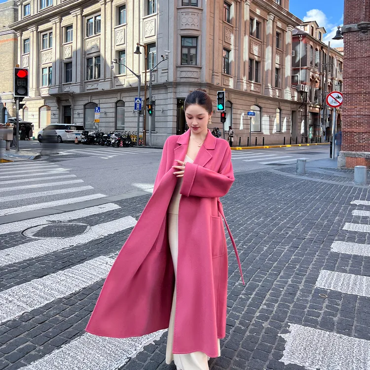 经典大牌粉色双面羊绒大衣女冬季新款韩版高级感宽松气质毛呢外套