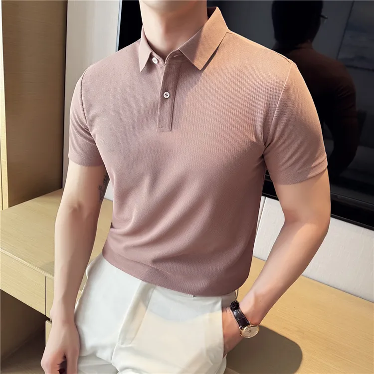  Polo衫男士短袖夏季新款商务男装高级感弹力个性粉色短袖t恤翻领