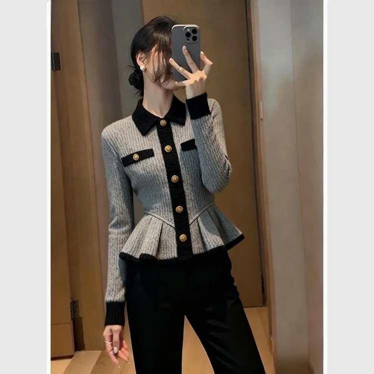 灰色拼接毛衣女秋冬季巨好看轻熟气质小众不撞款掐腰撞色针织外套