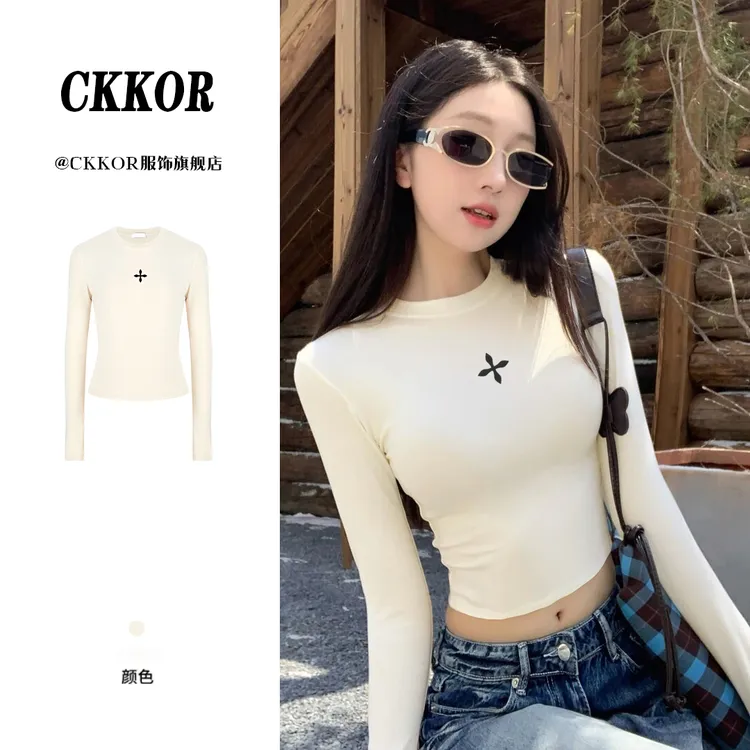 CKKOR早秋新款美式正肩修身长袖t恤女时尚潮流百搭纯欲风辣妹上衣