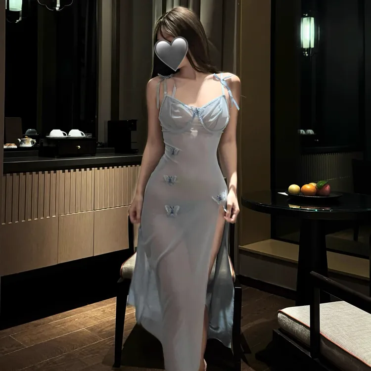 银河裂隙*性感吊带钢托睡裙网纱高开叉长裙柔纱睡衣