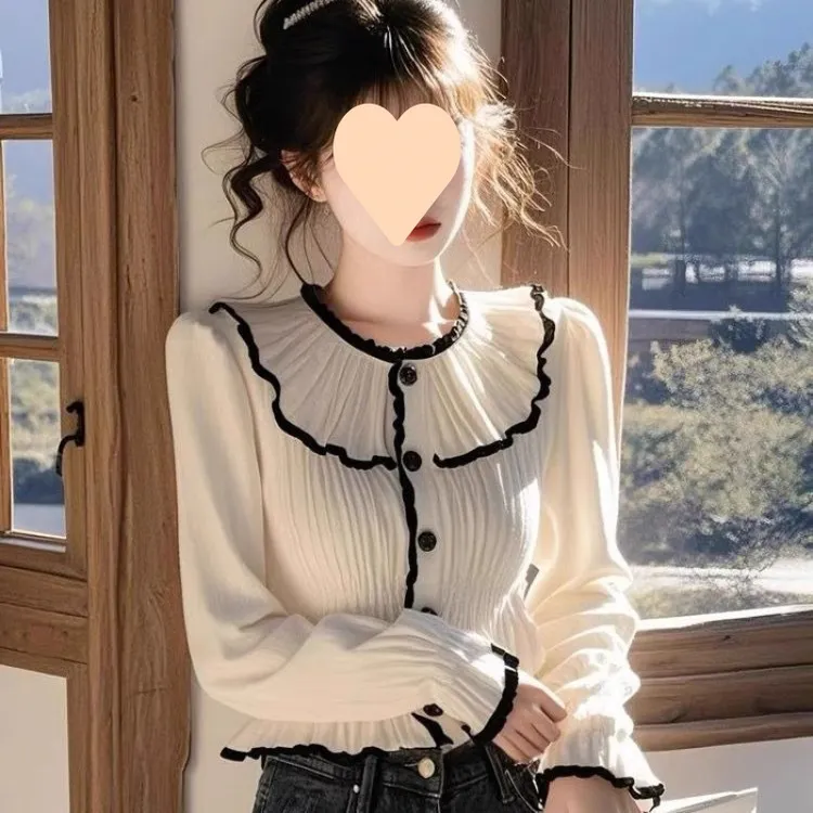 2025法式高级感洋气设计感长袖衬衫女春秋百搭荷叶边独特漂亮上衣