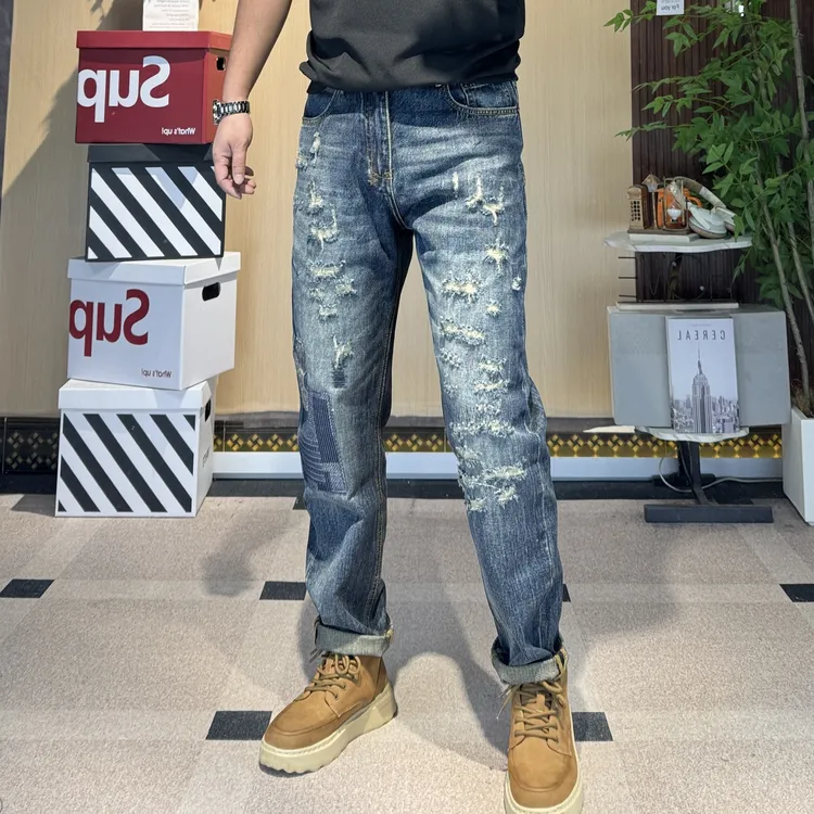 【微椎】美式复古贴布秋冬男士直筒小脚牛仔裤刺绣破洞宽松锥形长裤