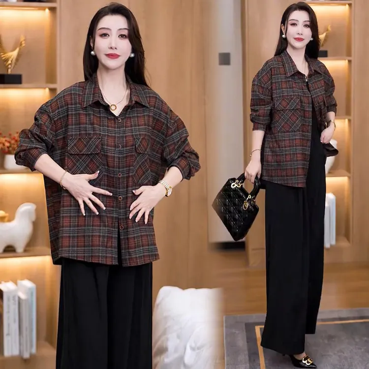 时尚格子衬衫女2025秋季新款宽松大码女装百搭中长款长袖衬衣外套