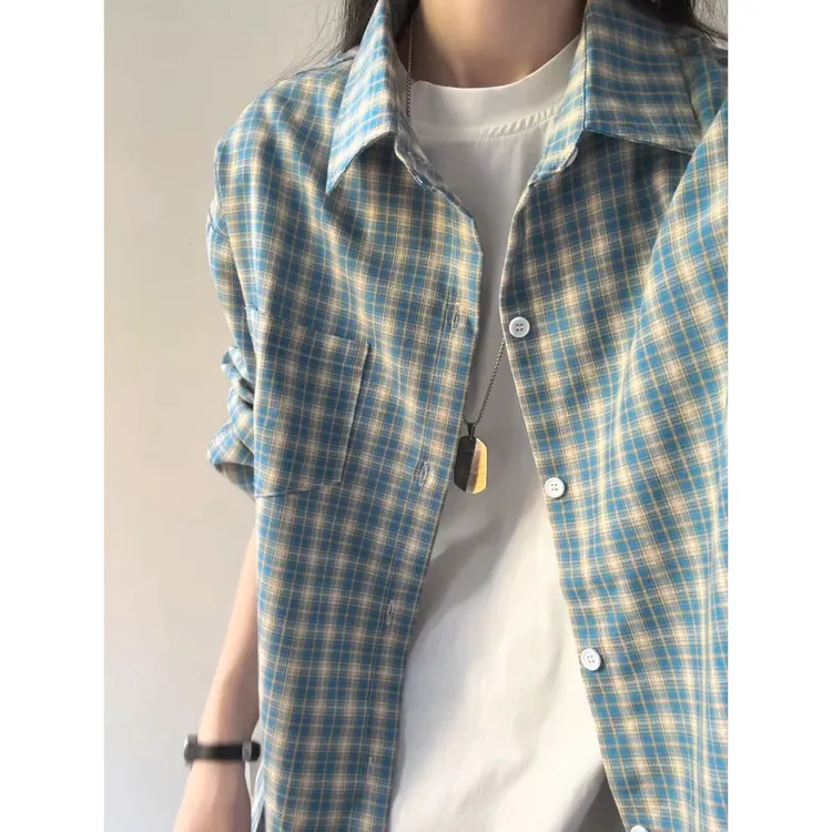 美式复古蓝白格子衬衫男款早秋穿搭长袖衬衣春秋款高级感休闲外套