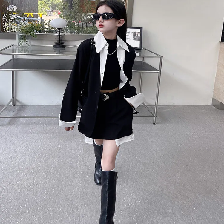 女童西装套装2025爆款儿童拼接西服外套女孩中大童韩版气质春秋装