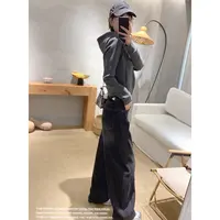 【骆小姐私服】加绒黑色水洗阔腿牛仔裤2025冬新款高腰显瘦弯刀裤