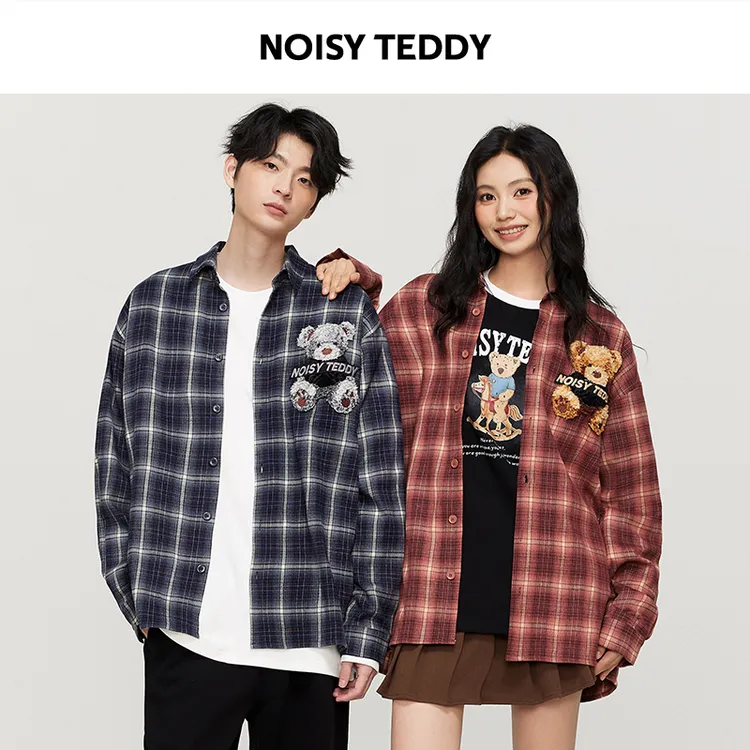 NOISY TEDDY男女同款25年秋季新款复古格子时尚长袖衬衫外套宽松
