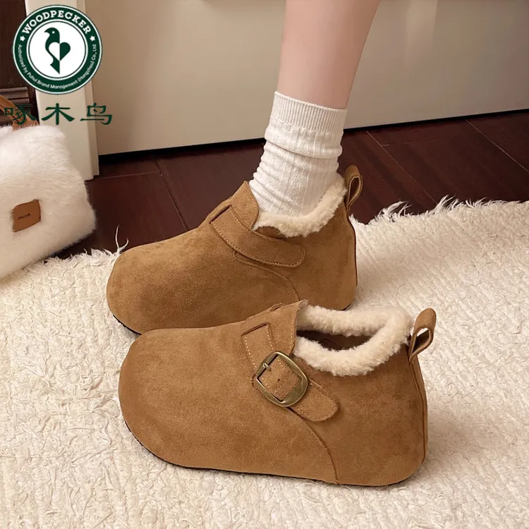 啄木鸟网红厚底加绒内增高7cm豆豆勃肯鞋女2025冬季新款保暖棉鞋