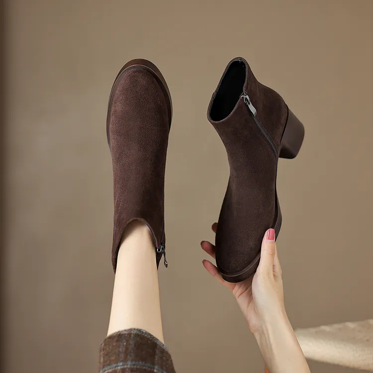 5CM-牛皮中跟侧拉链圆头女短靴防水台靴子加绒女靴防水台加绒女靴