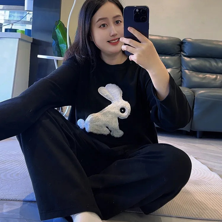 冬季德绒加厚胖MM大码套头睡衣女宽松卡通白兔加肥保暖休闲家居服