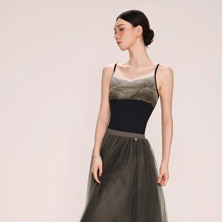 danzbaby芭蕾舞服女练功形体服成人瑜伽网纱拼接体服吊带体服B378