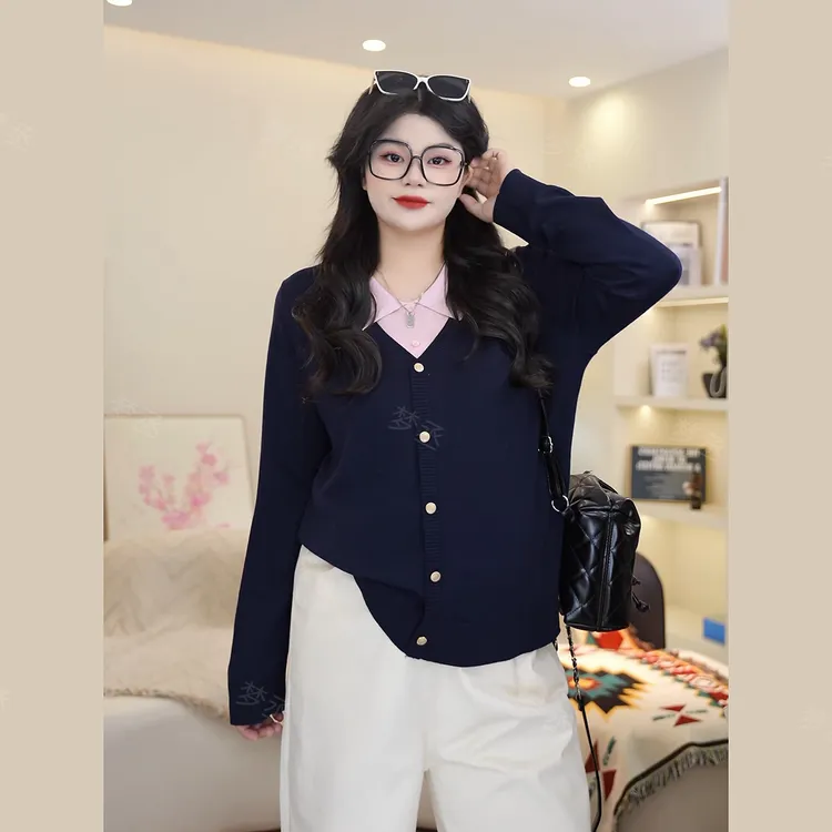 梦丞-胖mm大码女装早秋POLO领学院风针织衫宽松减龄假两件毛衣