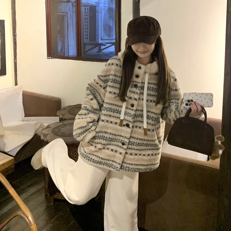 2025冬季新款加厚费尔岛连帽毛毛外套女韩版毛毛外套ins